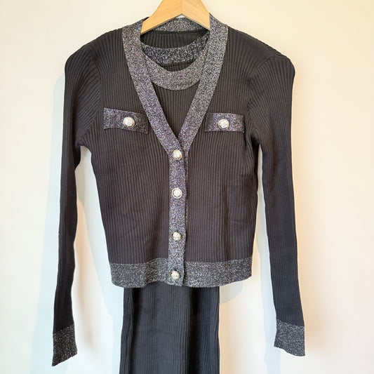 2-Piece Ribbed Knit Dress and Cardigan Set - Black - Size 6