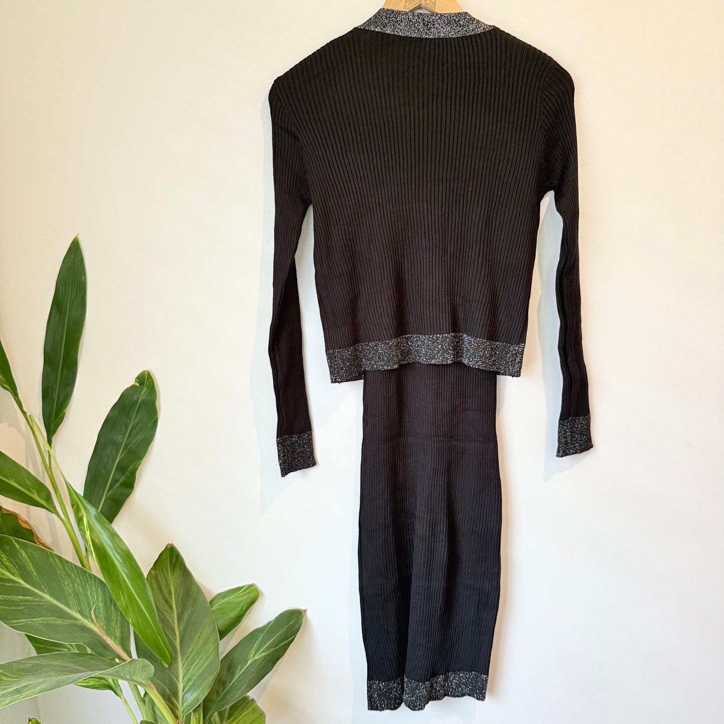 2-Piece Ribbed Knit Dress and Cardigan Set - Black - Size 6