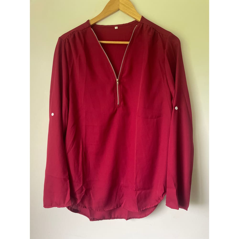 2xl zip front blouse with roll-up sleeves – classic red vibrant red & elegant mauve - classic red - blouses blouse