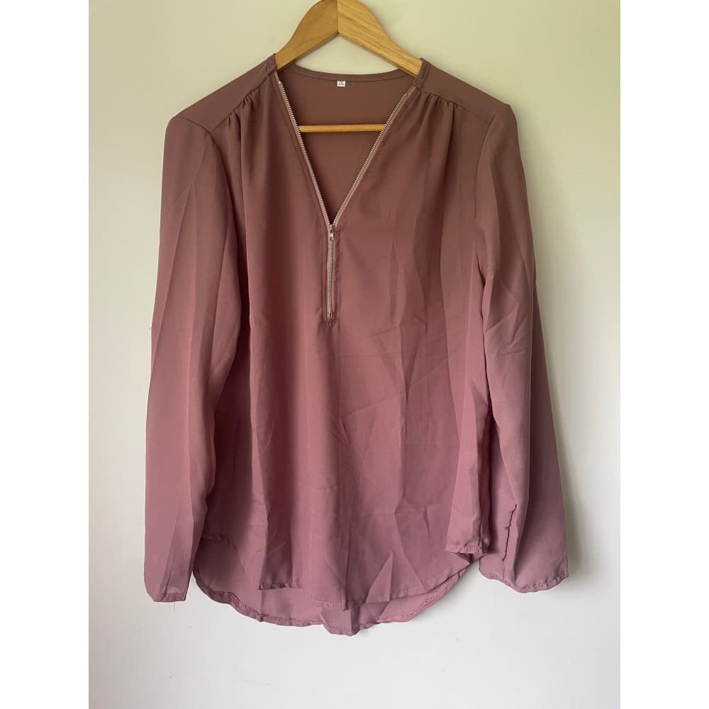 2xl zip front blouse with roll-up sleeves – classic red vibrant red & elegant mauve - elegant mauve - blouses blouse