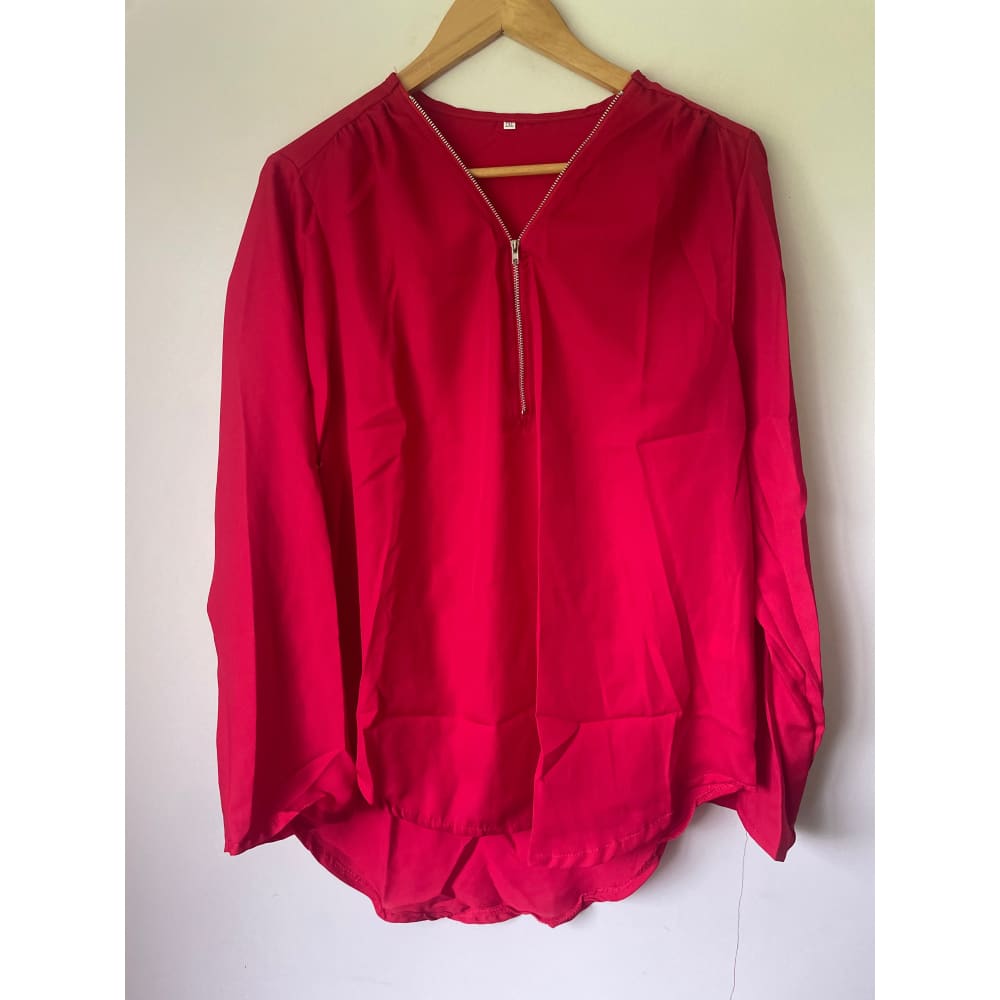 2xl zip front blouse with roll-up sleeves – classic red vibrant red & elegant mauve - vibrant red - blouses blouse