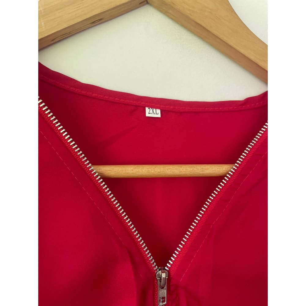 2xl zip front blouse with roll-up sleeves – classic red vibrant red & elegant mauve - blouses blouse - clothing &