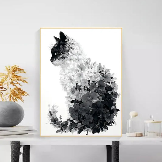 40x50cm Black and White Floral Cat Diamond Art Kit