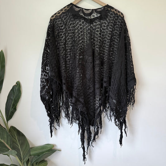 Black Lace Fringe Boho Poncho
