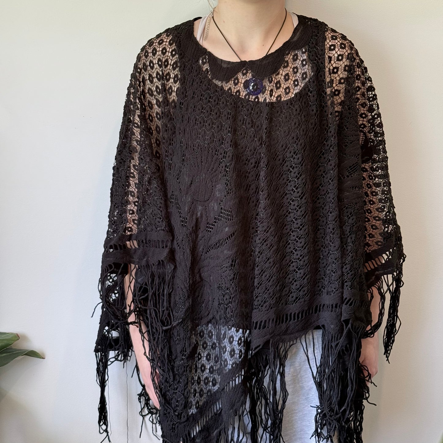 Black Lace Fringe Boho Poncho