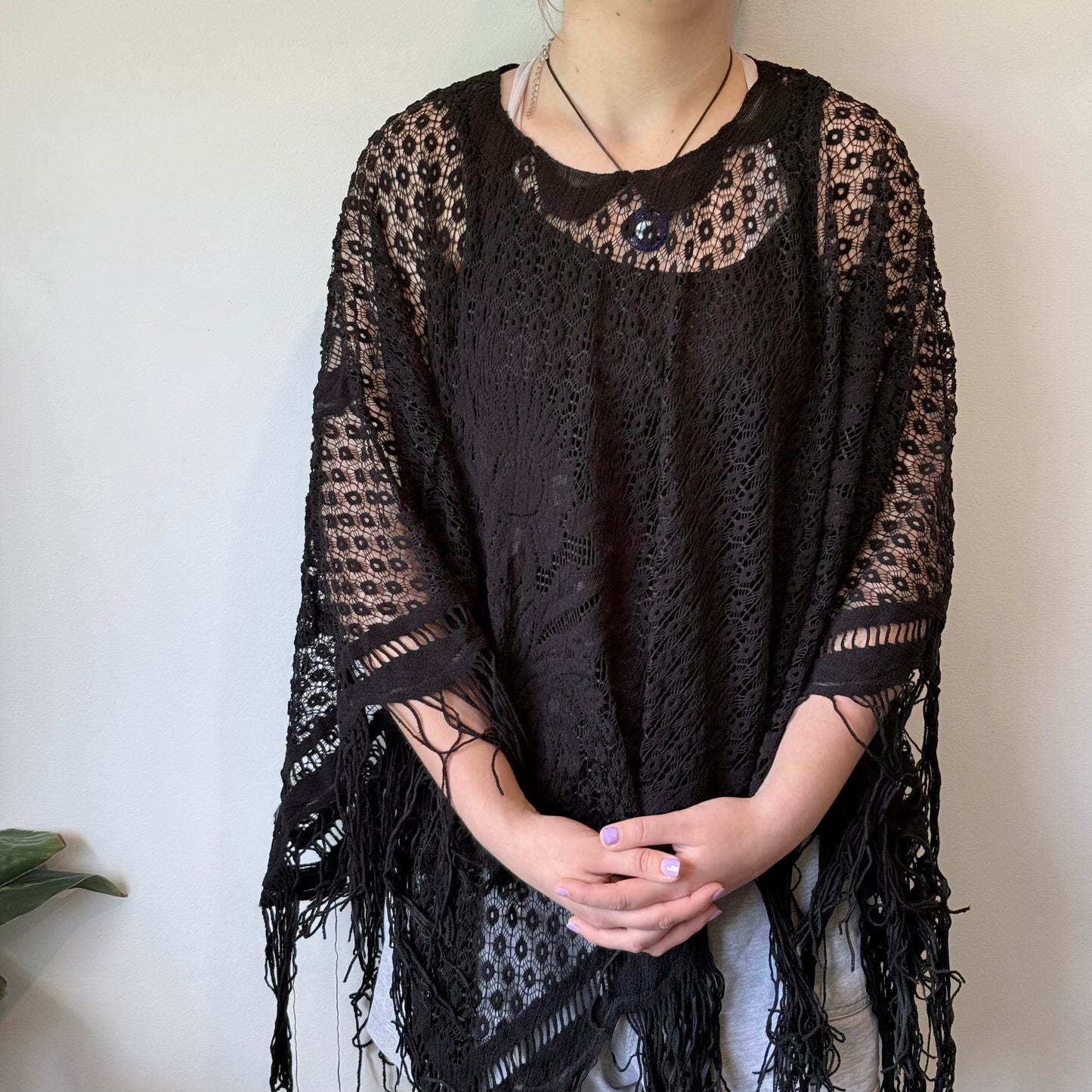 Black Lace Fringe Boho Poncho