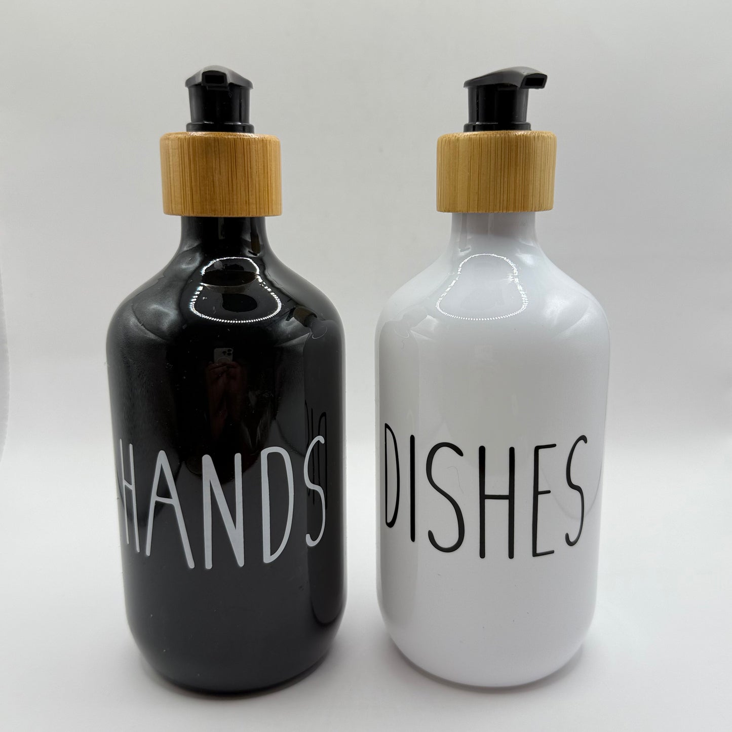 Black & White "Hands & Dishes" Pump Bottle Set with Bamboo Pumps