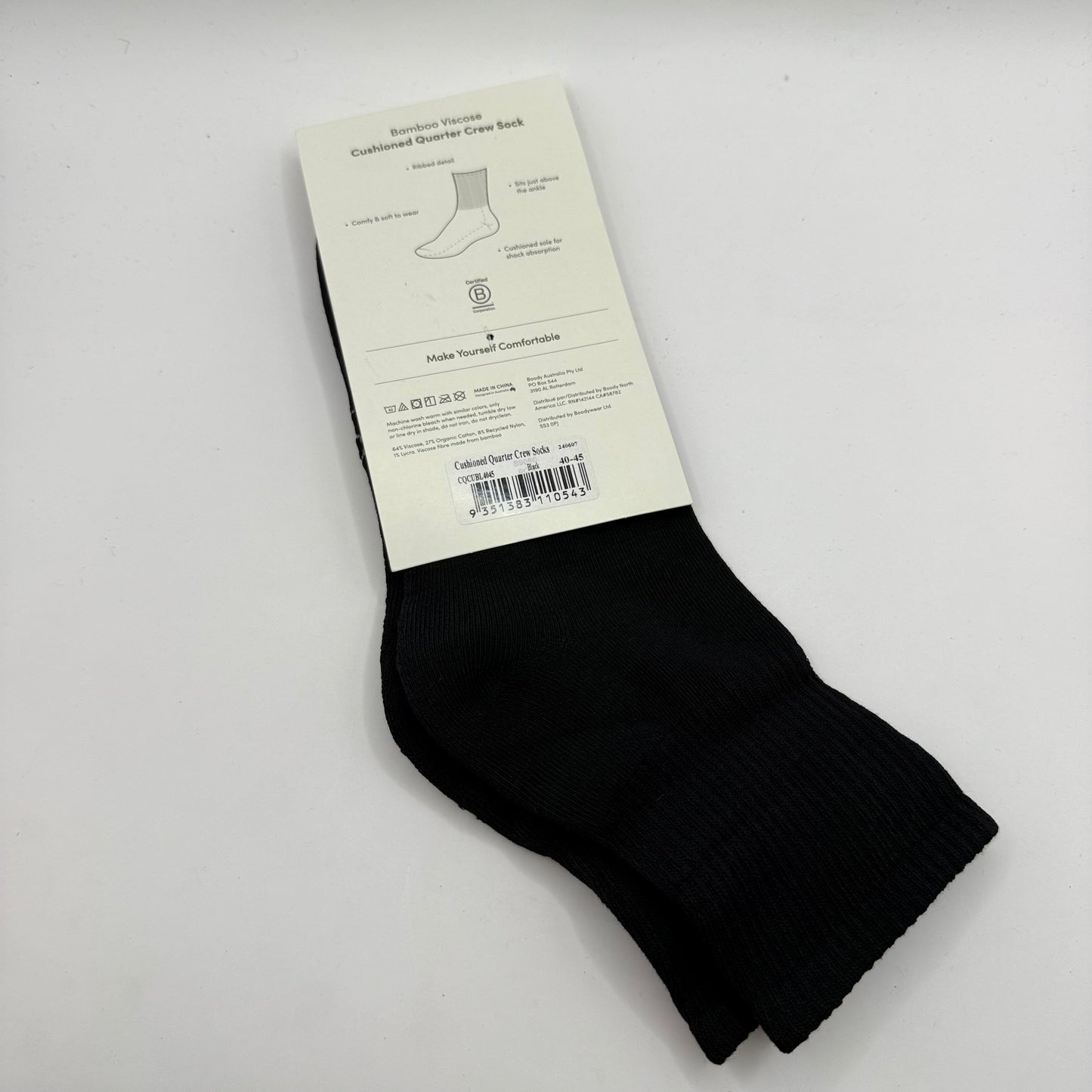 Boody Bamboo Cushioned Quarter Crew Socks Size 40-45