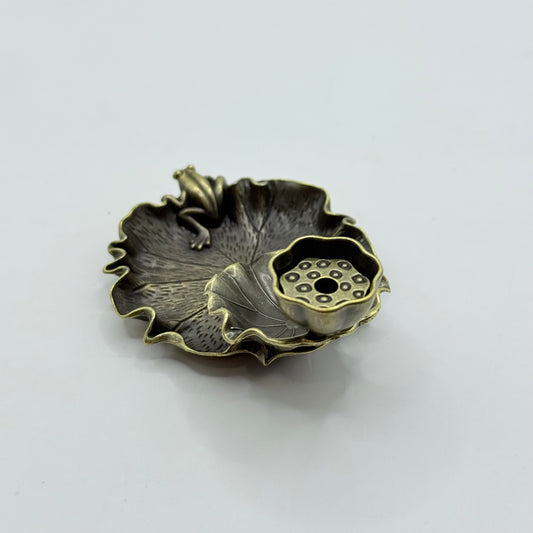 Bronze-Finish Lotus Leaf & Frog Incense Holder