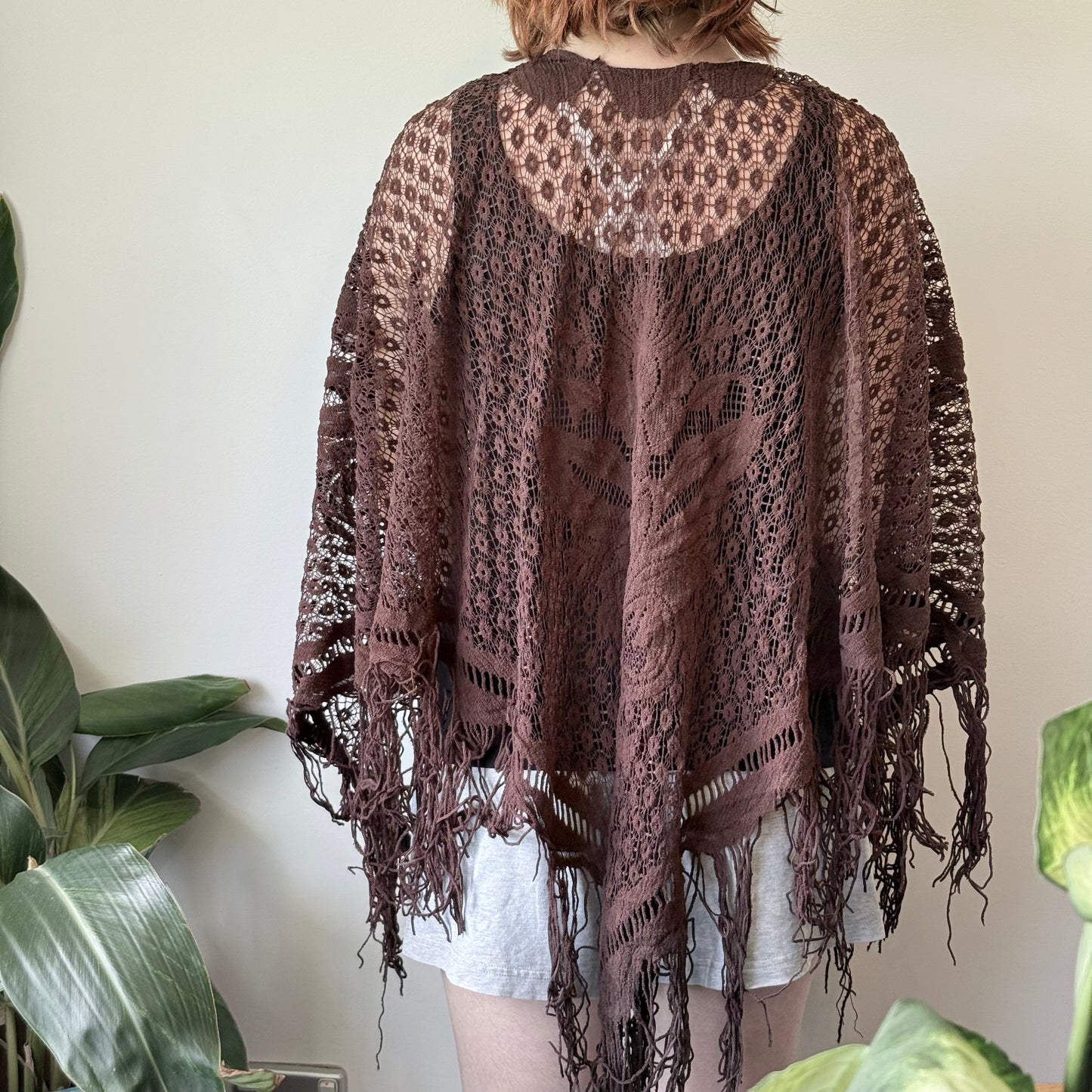 Brown Lace Fringe Boho Poncho