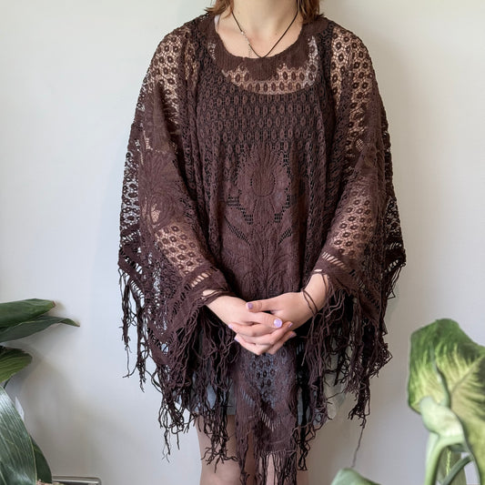 Brown Lace Fringe Boho Poncho