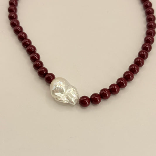 Burgundy Baroque Pearl and Beaded Choker Necklace