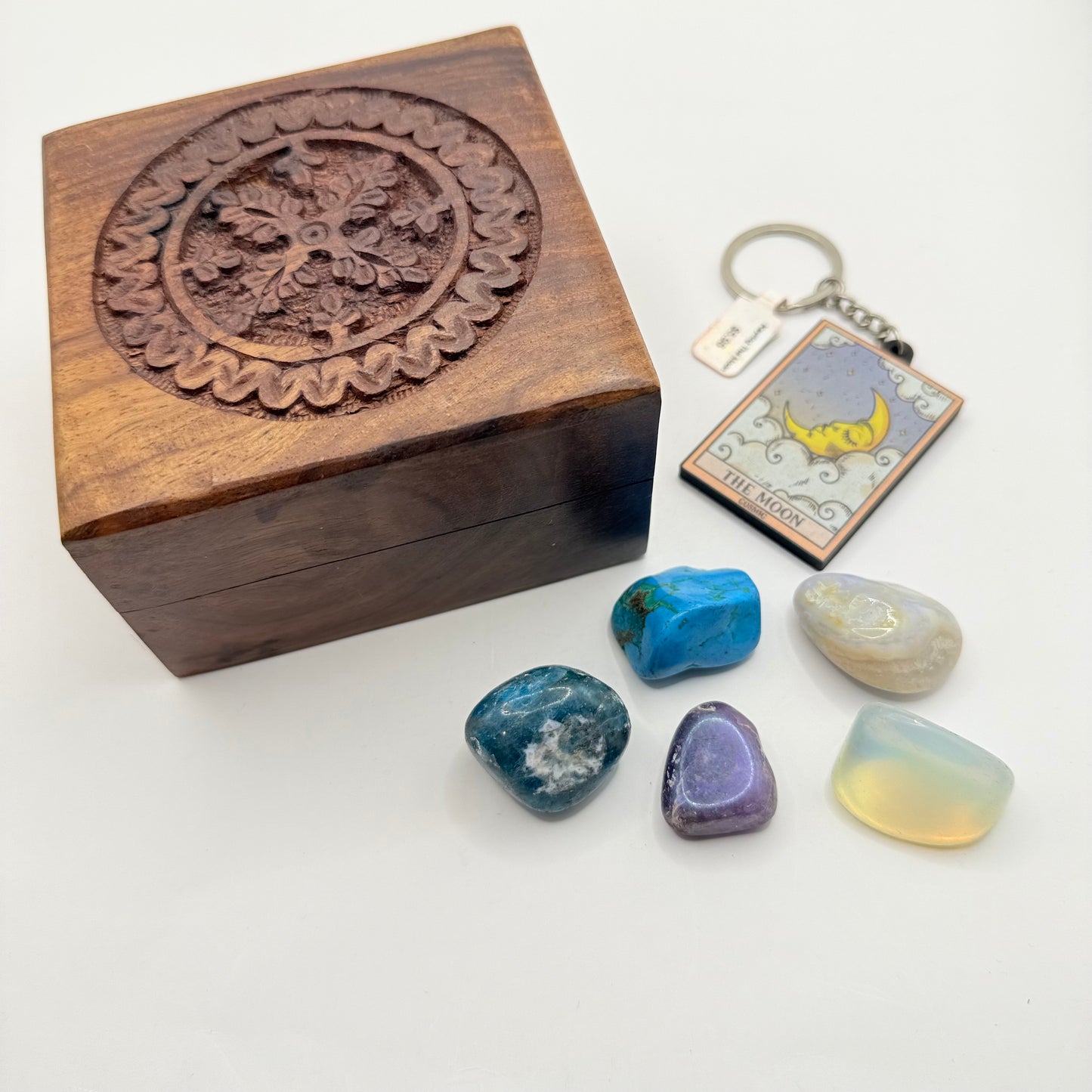 Cosmic Carved Wood Box with Crystals & Keychain