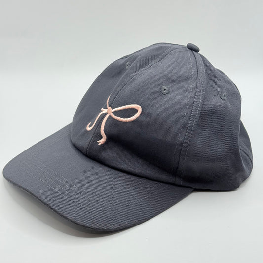 Grey Baseball Cap with Pink Bow Embroidery
