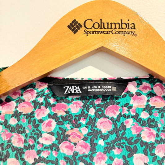 Zara Size S Floral Pink & Green Long-Sleeve Wrap Mini Dress