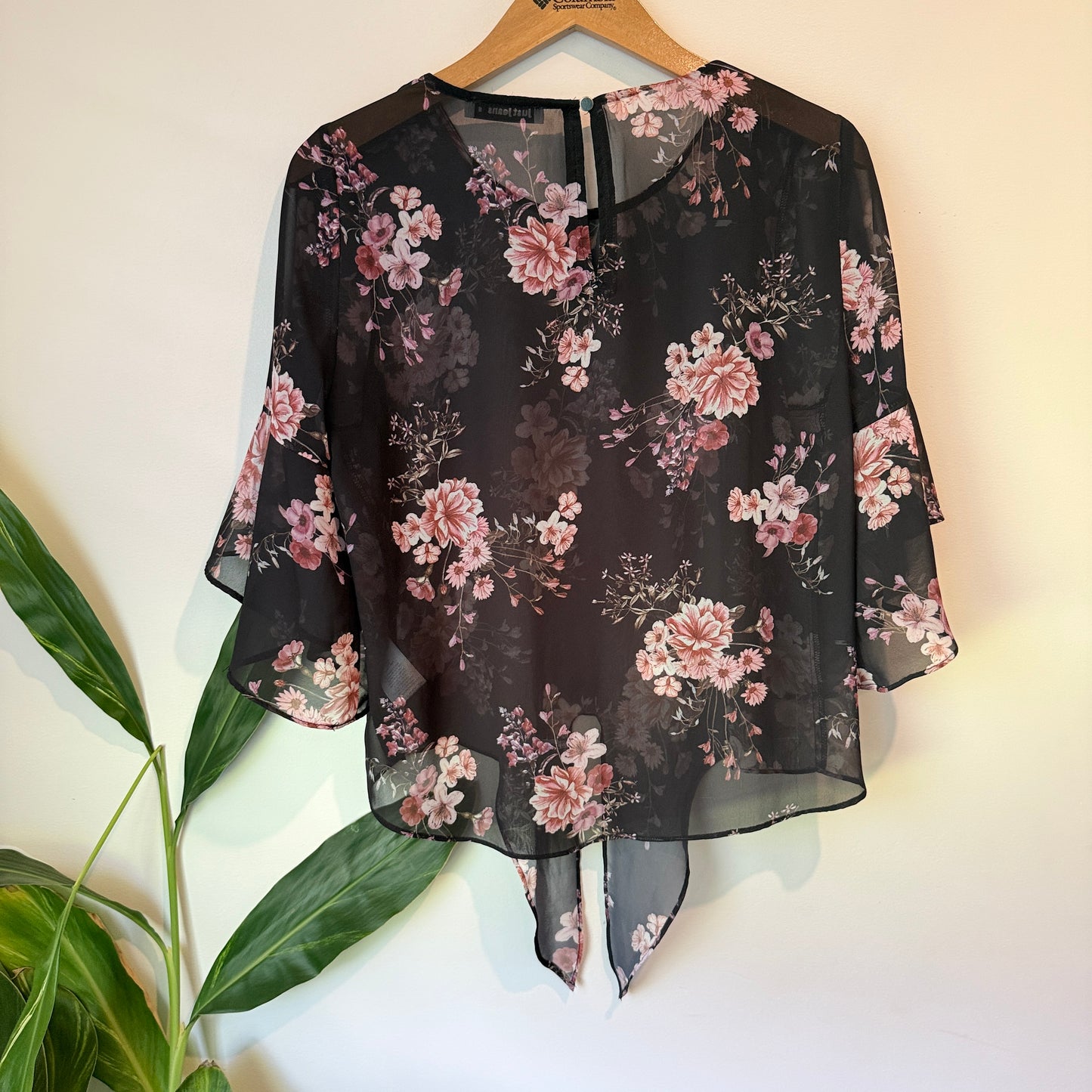 Just Jeans Floral Tie Front Sheer Top Black - Size 8