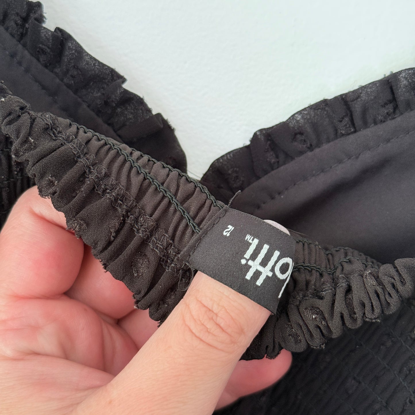 Dotti 12 Black Ruched Mini Dress Swiss Dots Ruffled Trim