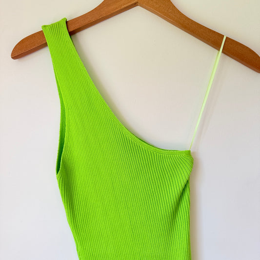 Mirrou Lime Green Ribbed Knit One Shoulder Dress - Size S