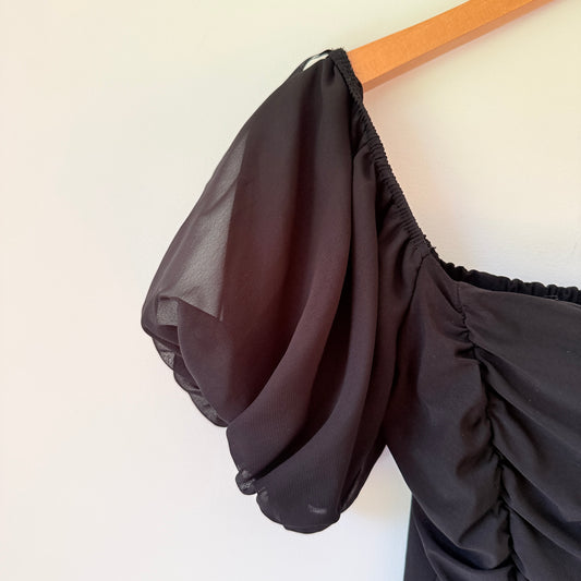 Forever 21 Black Ruched Puff Sleeve Bodysuit - S