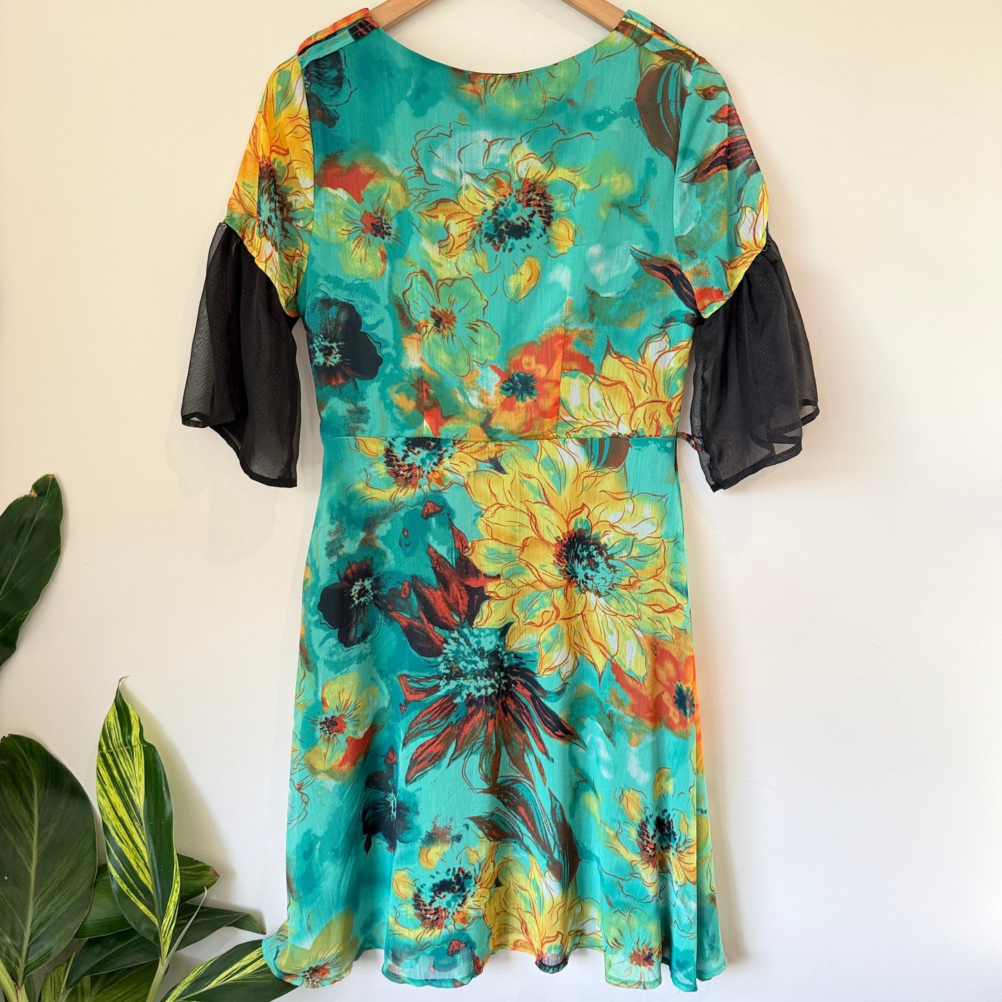 Ella Classic Size S Turquoise Floral Dress with Sheer Sleeves