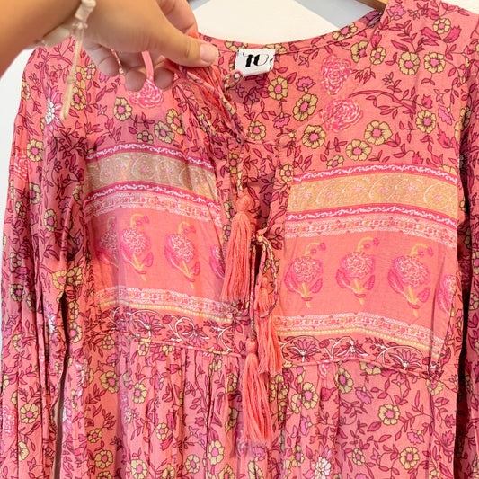 10 Bohemian-Style Pink Floral Print Mini Dress – U/Arm 44cm