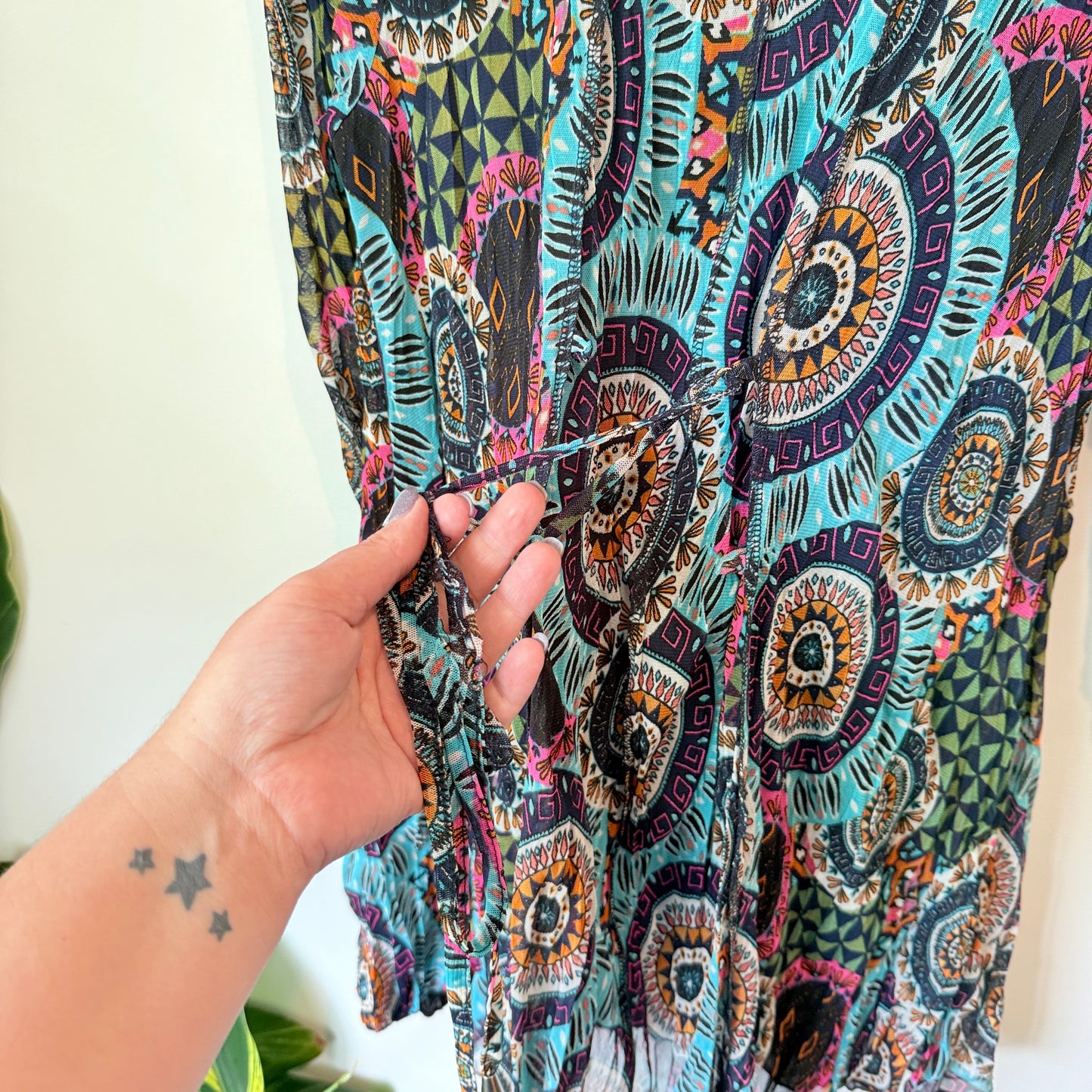 K&K Boho Print Crinkle Tunic Dress Black Multi - Size M