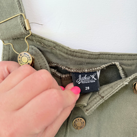 Jackie K Size 28 Olive Green Overall Dress Adjustable Straps Front Buttons