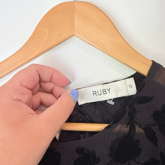 RUBY Silk Floral Devoré Blouse in Black - Size 10