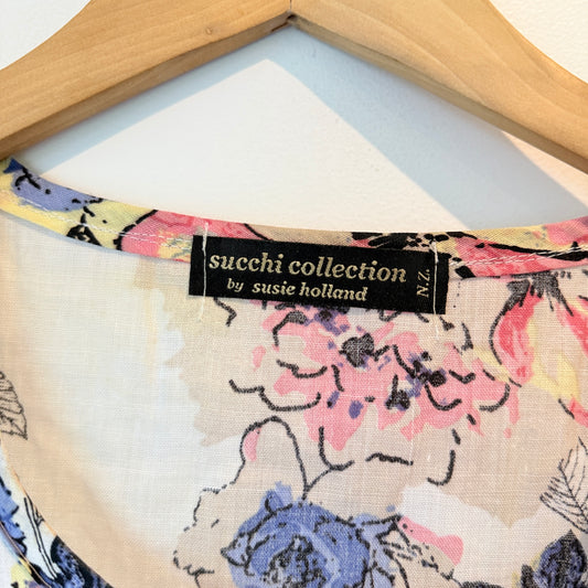 Susie Holland NZ Made Cotton Floral Ruffle Detail Top - 51cm Underarm