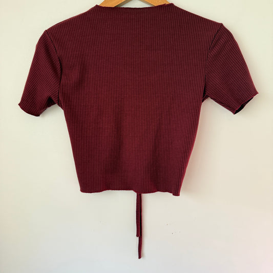 Unbranded Size U/Arm 37cm Maroon Ribbed Tie-Front Crop Top