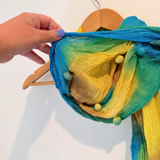 Brand Unknown Yellow and Blue Ombre Pom Pom Scarf