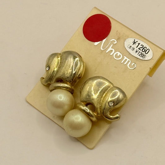 Gold Elephant Pearl Look Stud Earrings