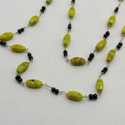 Long Green & Black Beaded Necklace with Oval Glass Beads