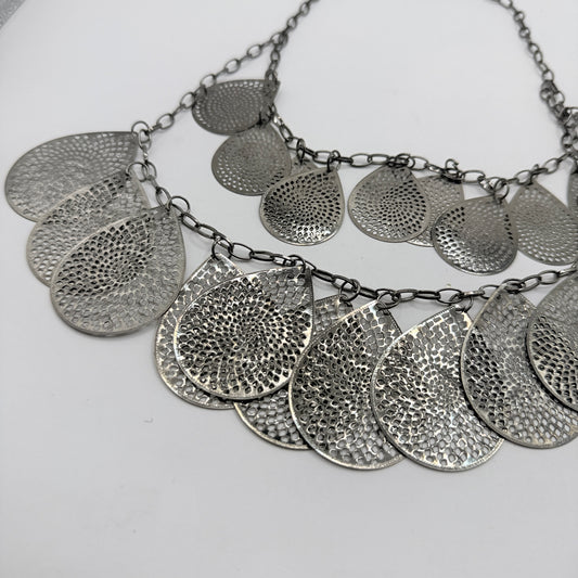 Layered Silver-Tone Teardrop Statement Necklace