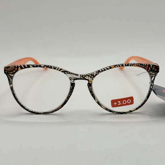 Insight Optics Reading Glasses +3.00 with Patterned Frame & Orange Arms