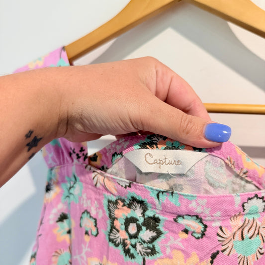 Capture Pink Floral Linen Blend Ruffle Hem Dress - Size 12