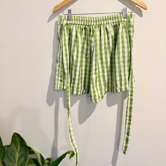 Mirrou Gingham Tie Waist Shorts Green/White - 14