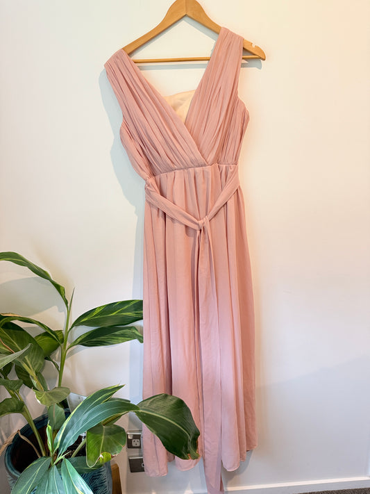 Blush Pink Pleated Maxi Dress with Lace-Up Back - Size S - Great Bridesmaids Dress