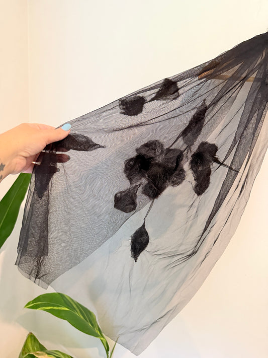 Sheer Black Feather Detail Scarf - One Size