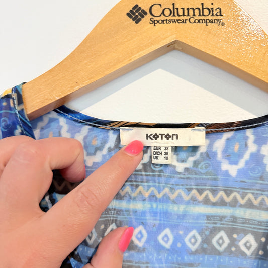 Koton Size 10 Blue & Brown Sheer Floral Geometric Kimono-Style Top