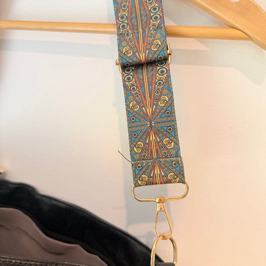 Black Faux Leather Shoulder Bag with Pattern Strap