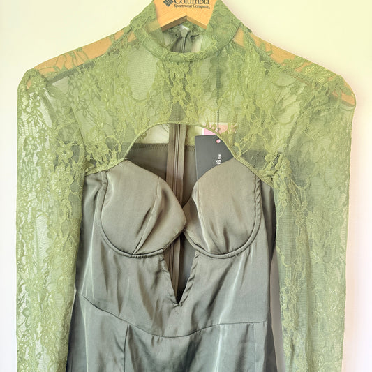 PrettyLittleThing Olive Green Satin & Lace Bodycon Dress - Size 4