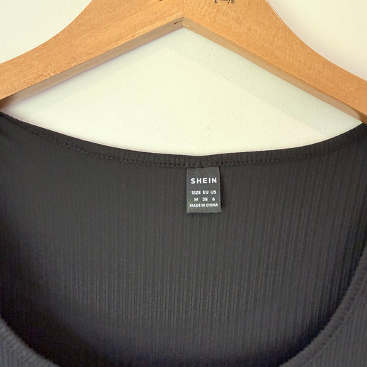 Shein Ribbed & Floral Fit & Flare Dress Black Multi - Size M