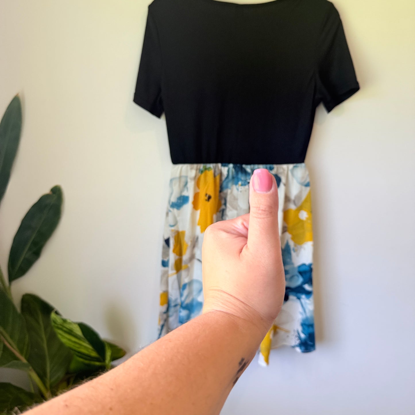 Shein Ribbed & Floral Fit & Flare Dress Black Multi - Size M