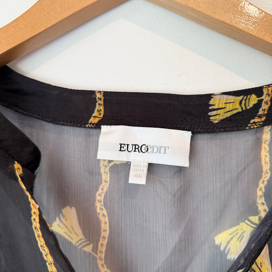 Euroedit Size 46 Black Sheer Embroidered Blouse