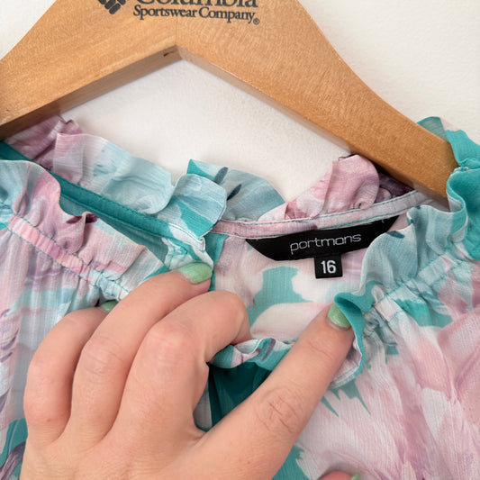 Portmans Size 16 Floral Ruffle-Trim Blouse