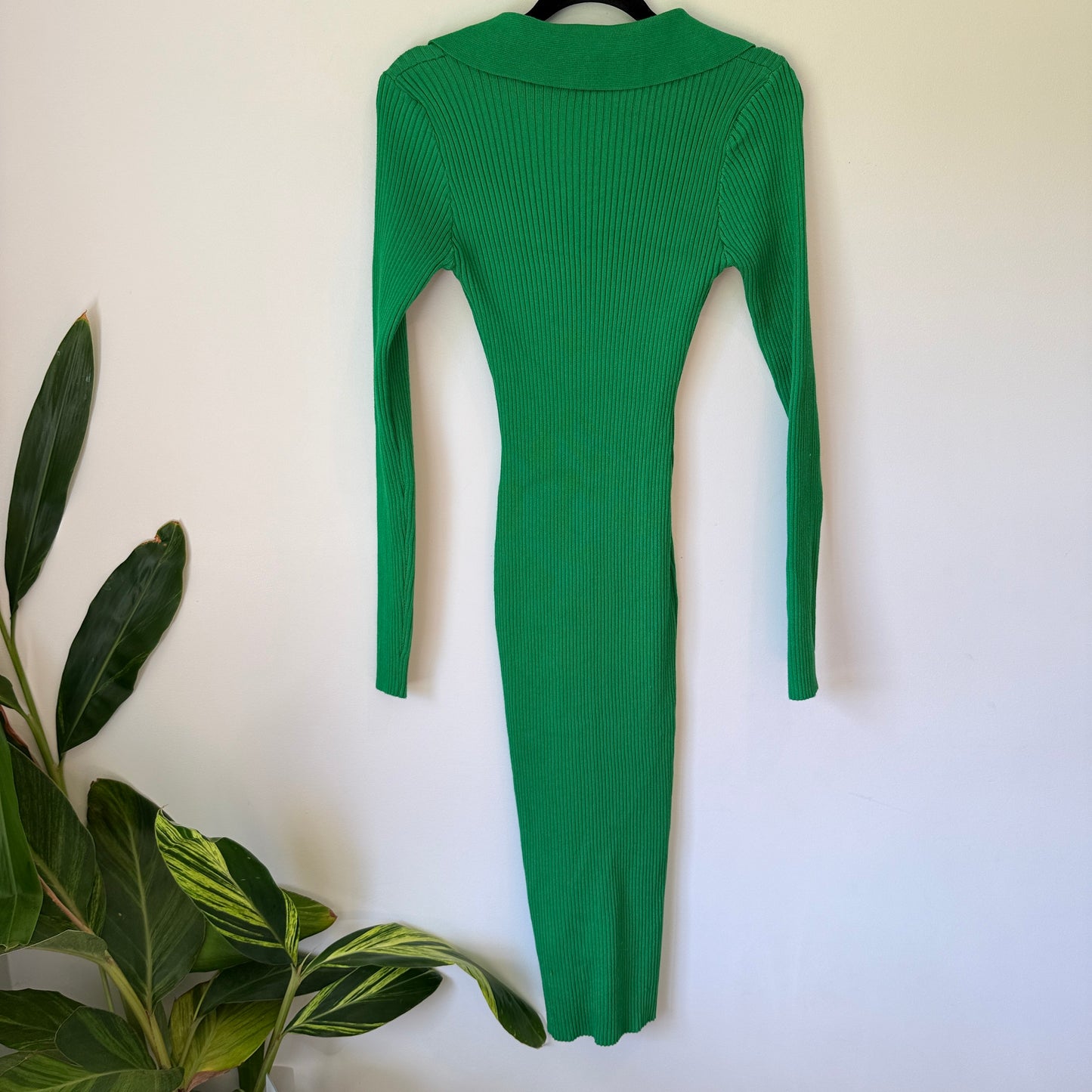 Mirrou Ribbed Knit Collared Midi Dress Green - Size S