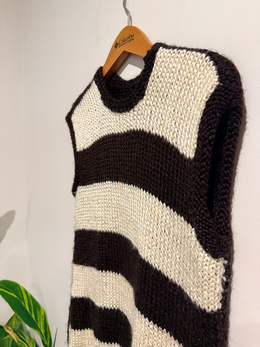 Hand Knitted Chunky Knit Sleeveless Vest Brown Cream Striped - 44cm U/Arm