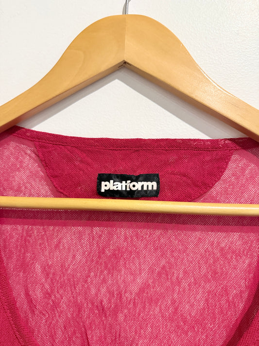 Platform Sheer Button Front Tunic Top Red - M