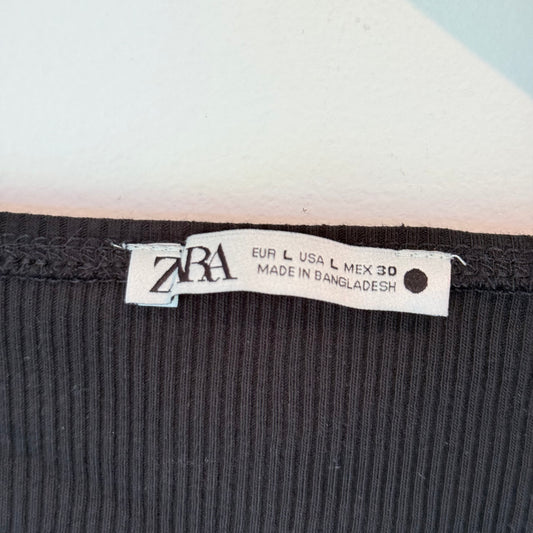 Zara Size L Black V-Neck Ribbed Ruched Crop Top